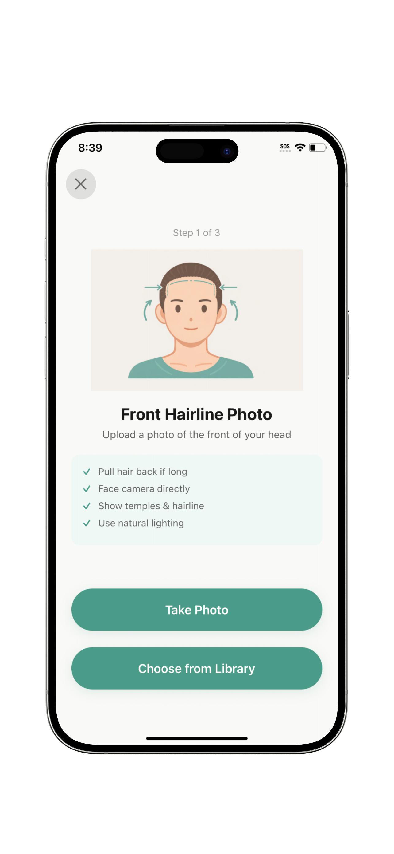 Guided photo capture screen with positioning instructions